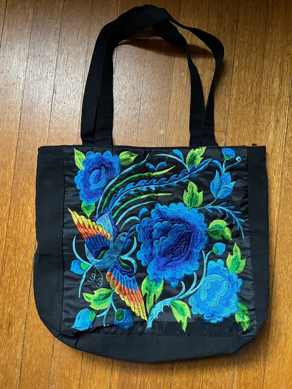 Black Zippered Tote Bag with Blue Floral & Bird Embroidery Cotton